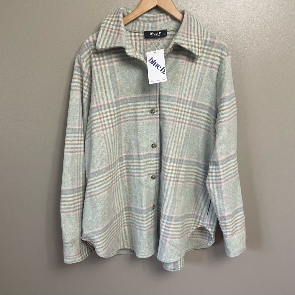 Blue B Plaid Fleece Button Up Shirt Shacket Womens Large Warm Cozy NEW casual